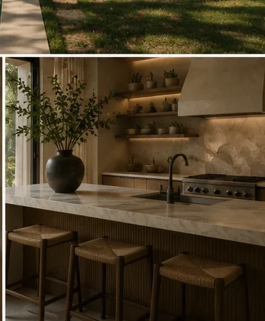 Kitchen, stone and warm timber