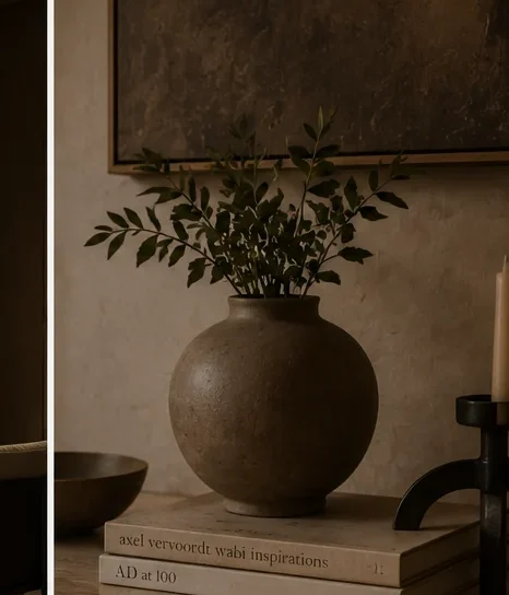 A composed corner — branch, stone, book