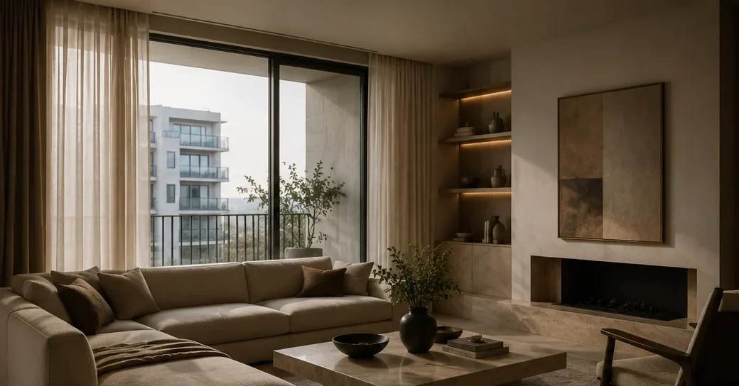 Warm apartment interior with restrained palette
