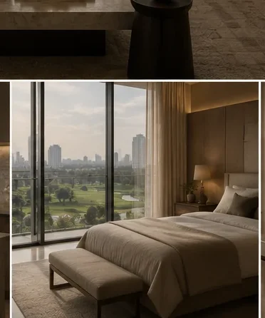 The bedroom, framing the view